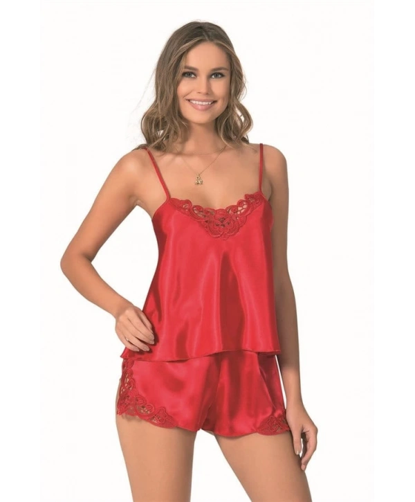 Morliva Kırmızı Saten Babydoll Şort Takımı