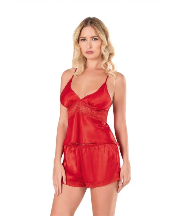 Morliva  Kırmızı Saten Babydoll Şort Takımı