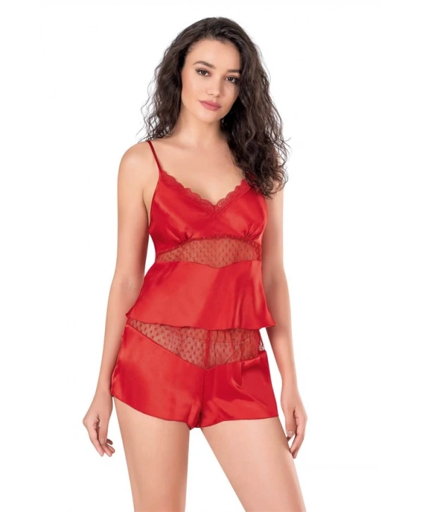 Morliva  Kırmızı Saten Babydoll Şort Takımı