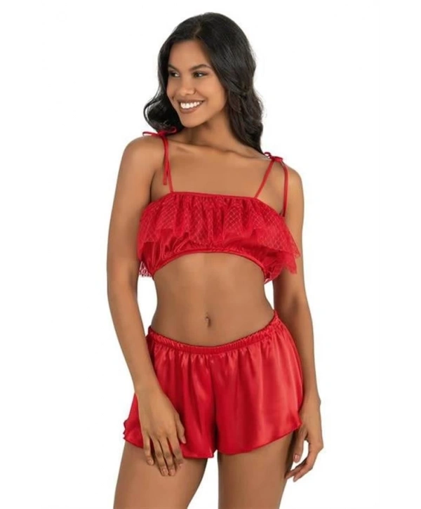 Morliva   Kırmızı Saten Şort Takımı 9206