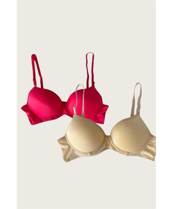 Morliva Kırmızı-Ten 2li Mikro Kumaş İçi Boş Balenli Günlük Desteksiz Sütyen