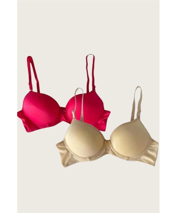 Morliva Kırmızı-Ten 2li Mikro Kumaş İçi Boş Balenli Günlük Desteksiz Sütyen