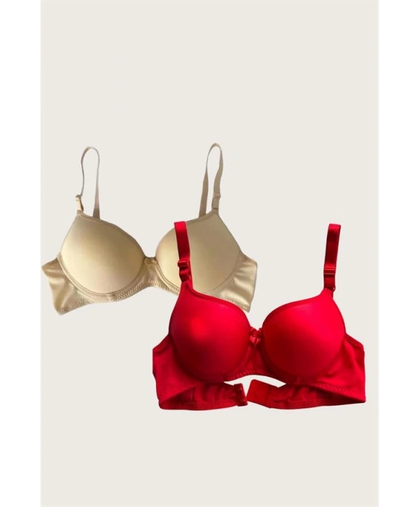 Morliva Kırmızı-Ten 2li Mikro Kumaş İçi Boş Balenli Günlük Desteksiz Sütyen