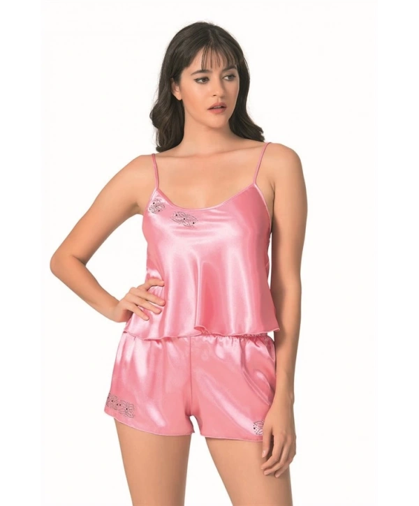 Morliva Koyu Pembe Saten Babydoll Şort Takımı