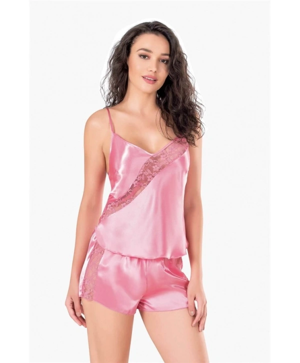 Morliva Koyu Pembe Saten Babydoll Şort Takımı