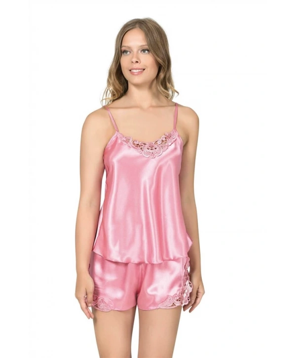 Morliva Koyu Pembe Saten Babydoll Şort Takım