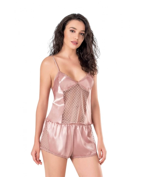 Morliva  Koyu Pudra Saten Babydoll Şort Takımı