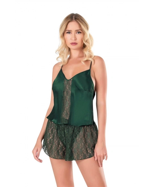 Morliva  Koyu Yeşil Saten Babydoll Şort Takımı
