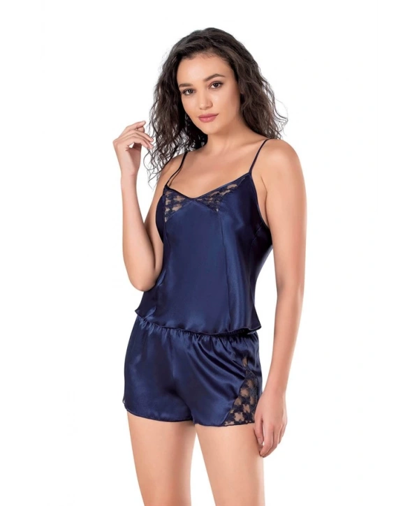 Morliva Lacivert Saten Babydoll Şort Takımı