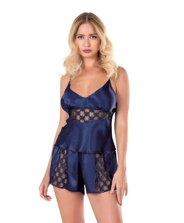 Morliva Lacivert Saten Babydoll Şort Takımı