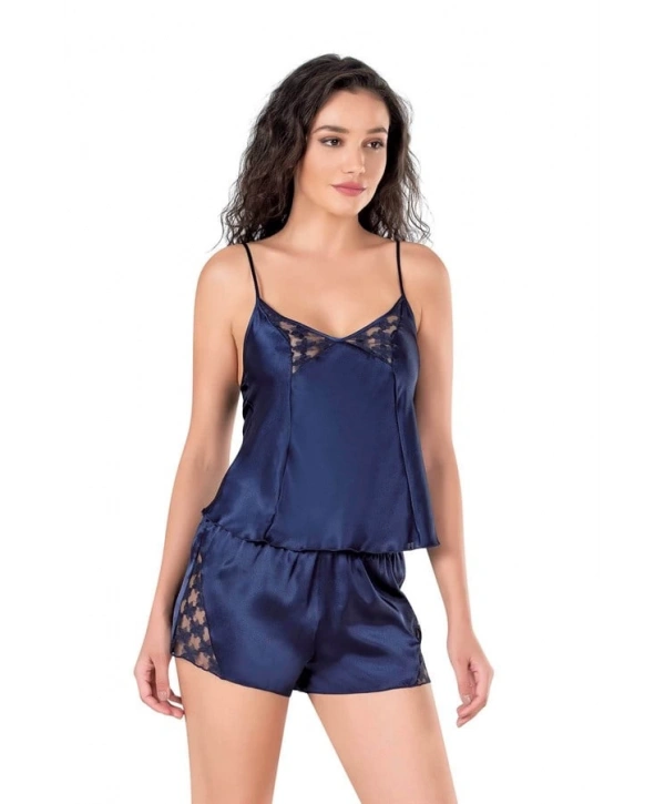 Morliva Lacivert Saten Babydoll Şort Takımı