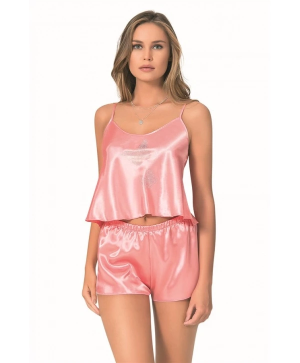 Morliva Mercan Saten Babydoll Şort Takımı