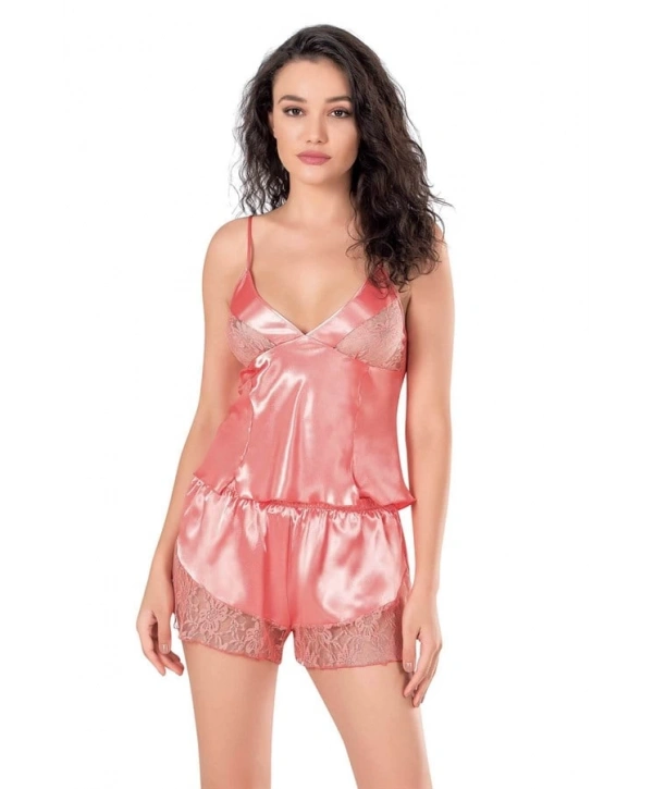 Morliva  Mercan Saten Babydoll Şort Takımı