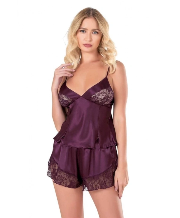Morliva Mürdüm Saten Babydoll Şort Takımı