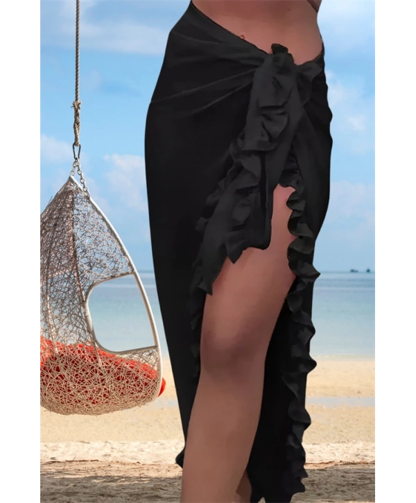 Morliva Özel Tasarım Mayo Üstü Süprem Tül Yanları Fırfırlı Siyah Pareo