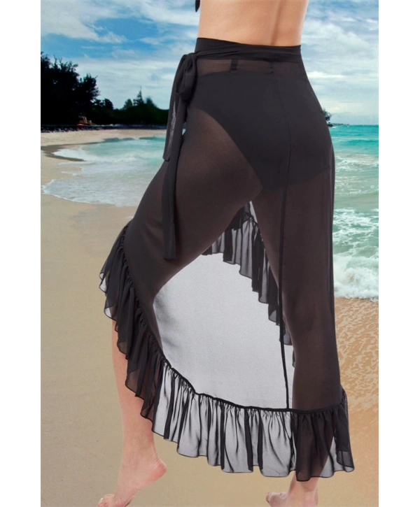 Morliva Özel Tasarım Mayo Üstü Süprem Tül Yanları Fırfırlı Siyah Pareo