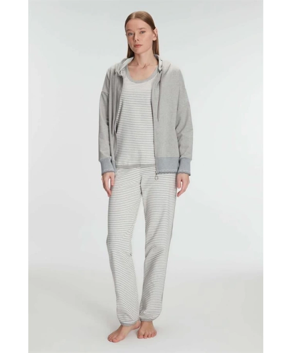 Morliva   Pamuklu Uzun Kol Fermuarlı Swearshirt Sıfır Kol T-Shirt ve Pantolon Pijama Takım
