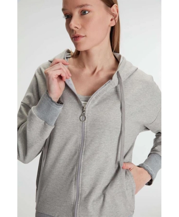 Morliva   Pamuklu Uzun Kol Fermuarlı Swearshirt Sıfır Kol T-Shirt ve Pantolon Pijama Takım