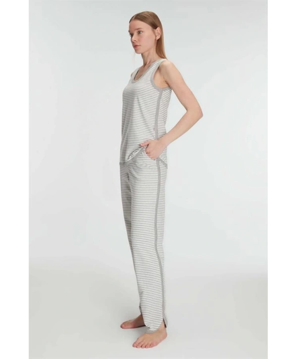 Morliva   Pamuklu Uzun Kol Fermuarlı Swearshirt Sıfır Kol T-Shirt ve Pantolon Pijama Takım