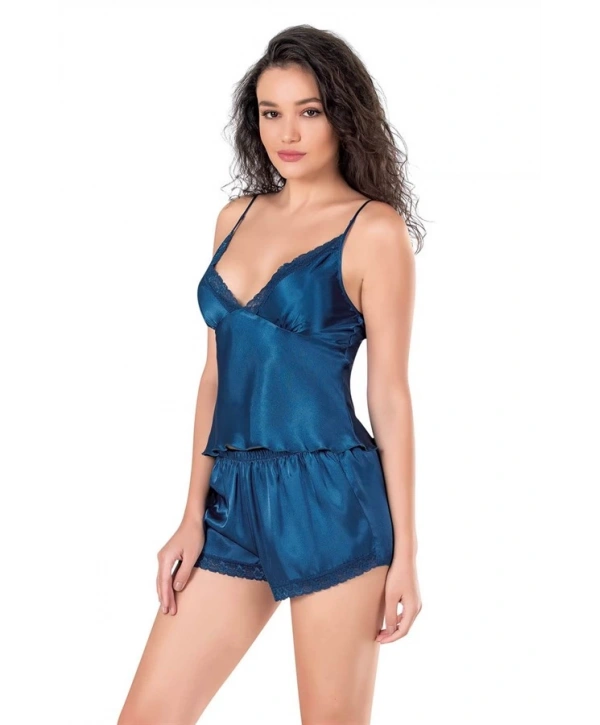 Morliva  Petrol Mavi Saten Babydoll Şort Takımı