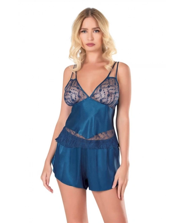 Morliva Petrol Mavisi Saten Babydoll Şort Takımı