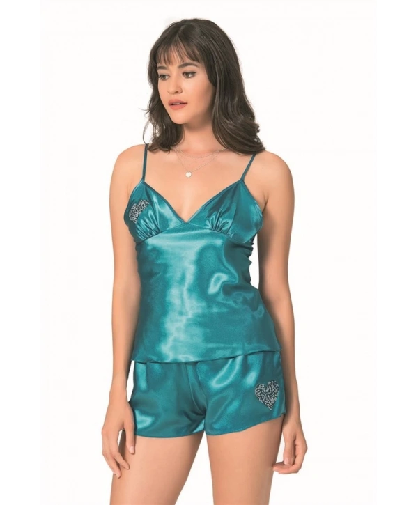 Morliva  Petrol Saten Babydoll Şort Takımı