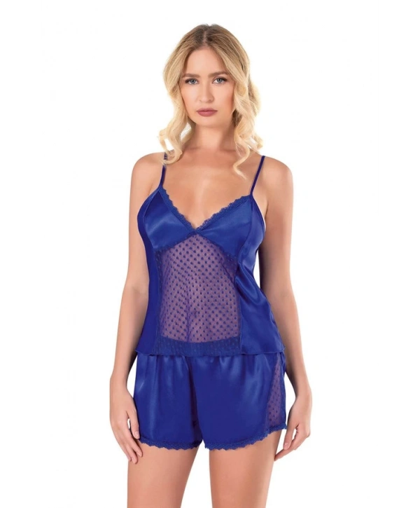 Morliva Saks Saten Babydoll Şort Takımı