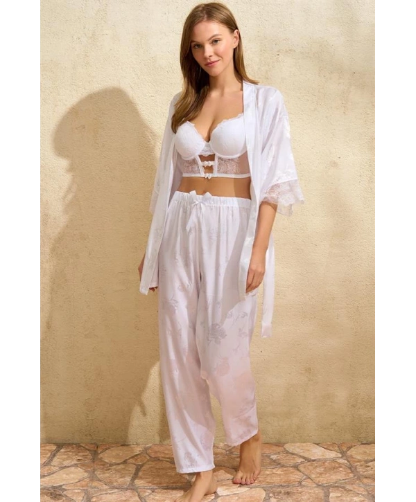 Morliva  Saten Çiçek Desenli Dantelli Sabahlık Balenli Destekli Dolgulu Büstiyer Sütyen ve Pantolon Pijama 3lü Takım