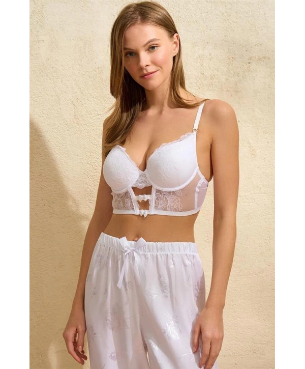 Morliva  Saten Çiçek Desenli Dantelli Sabahlık Balenli Destekli Dolgulu Büstiyer Sütyen ve Pantolon Pijama 3lü Takım