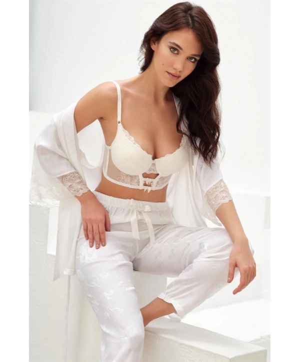 Morliva  Saten Çiçek Desenli Dantelli Sabahlık Balenli Destekli Dolgulu Büstiyer Sütyen ve Pantolon Pijama 3lü Takım