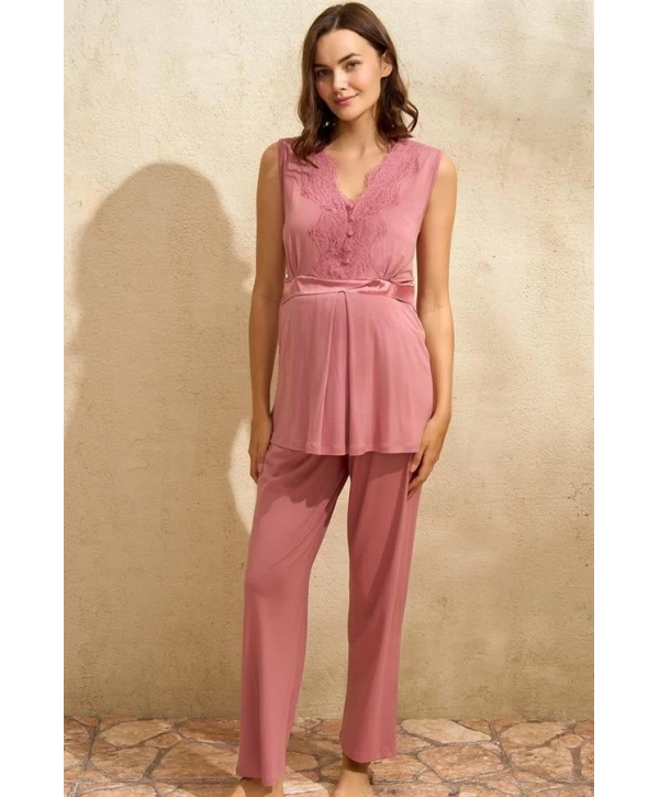Morliva  Sıfır Kol V Yaka Kadın Viskon Düz Yazlık Uzun Dantel Detaylı Hamile Pijama Takımı Sabahlık