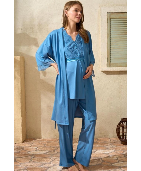 Morliva  Sıfır Kol V Yaka Kadın Viskon Düz Yazlık Uzun Dantel Detaylı Hamile Pijama Takımı Sabahlık