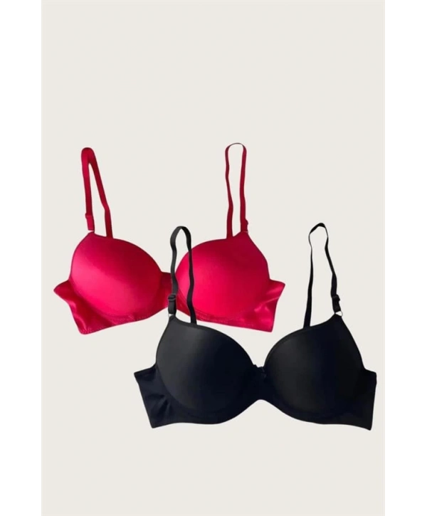 Morliva Siyah-Kırmızı 2li Mikro Kumaş İçi Boş Balenli Günlük Desteksiz Sütyen