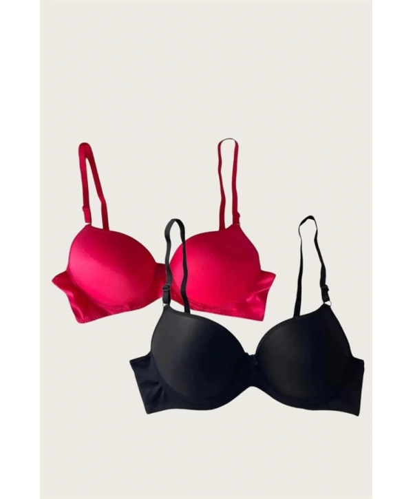 Morliva Siyah-Kırmızı 2li Mikro Kumaş İçi Boş Balenli Günlük Desteksiz Sütyen