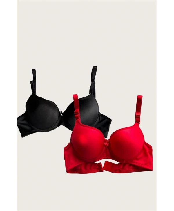 Morliva Siyah-Kırmızı 2li Mikro Kumaş İçi Boş Balenli Günlük Desteksiz Sütyen