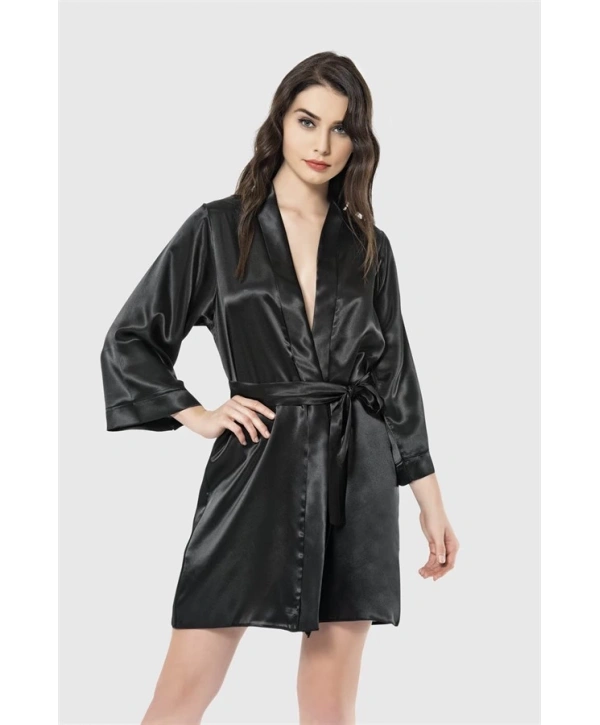 Morliva  Siyah Kısa Saten Sabahlık