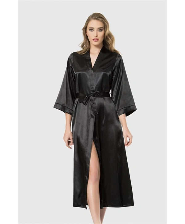 Morliva Siyah Uzun Saten Sabahlık