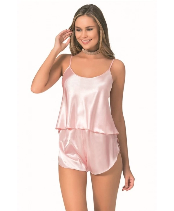 Morliva Somon Saten Babydoll Şort Takımı