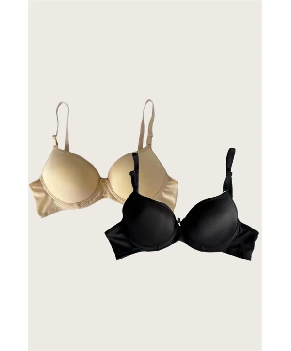 Morliva  Ten-Siyah 2li Mikro Kumaş İçi Boş Balenli Günlük Desteksiz Sütyen