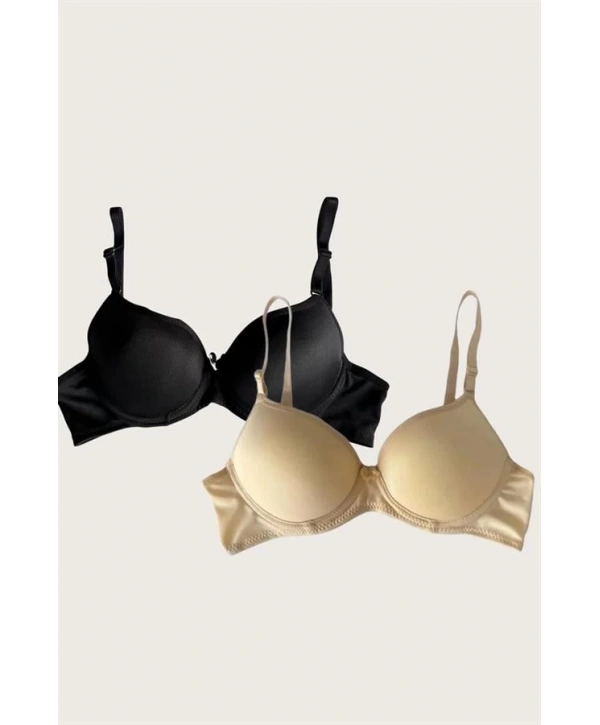 Morliva  Ten-Siyah 2li Mikro Kumaş İçi Boş Balenli Günlük Desteksiz Sütyen