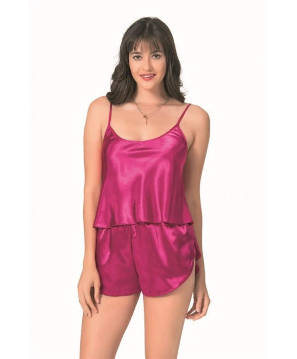 Morliva  Vişne Saten Babydoll Şort Takımı