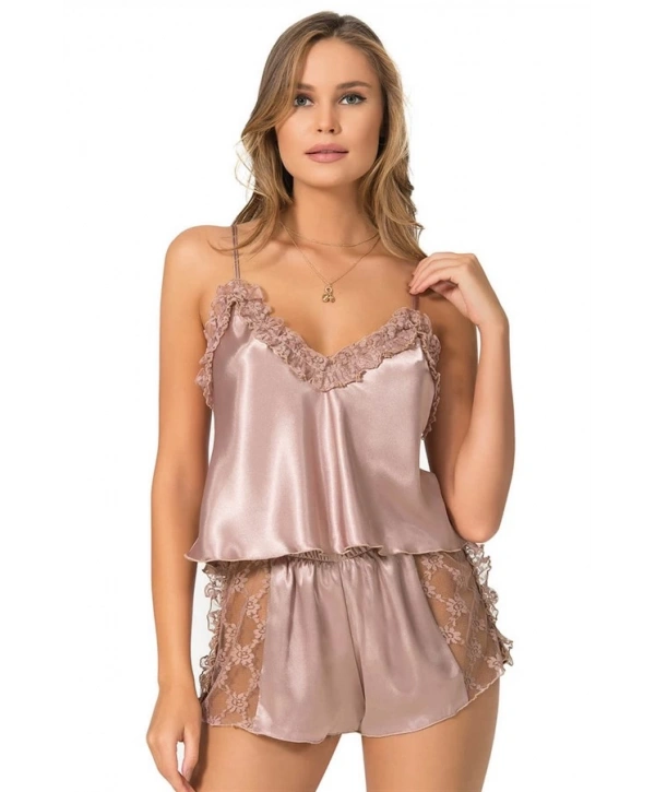 Morliva Vizon Saten Babydoll Şort Takımı