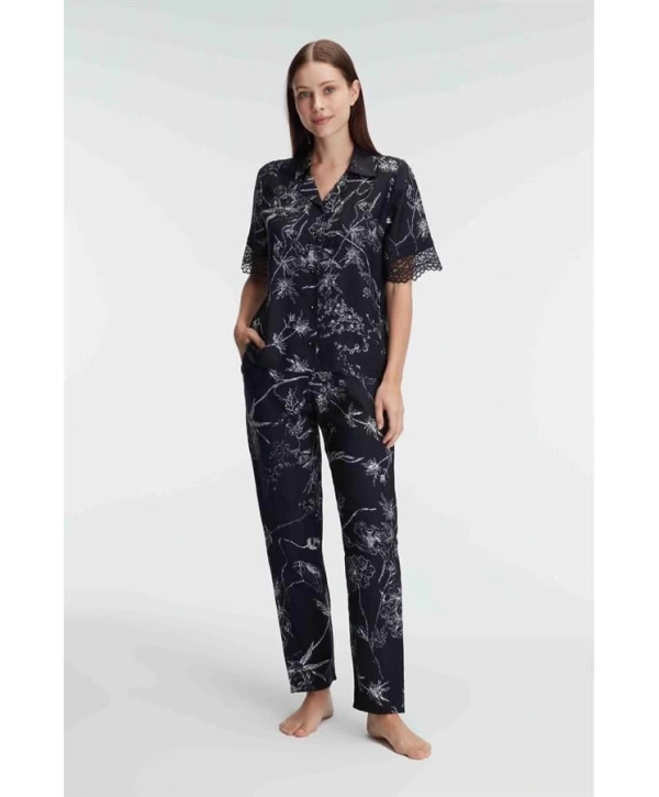 Morliva  Yarım Kollu V Yaka Kadın Viskon Çiçek Desenli Yazlık Dokuma Dantel Detaylı Pijama Takımı