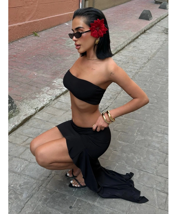 ASİMETRİK ETEK CROP TAKIM SİYAH