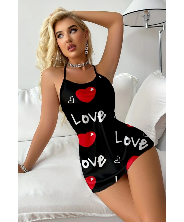 Aşk Temalı Kalp Desenli Siyah Saten Gecelik