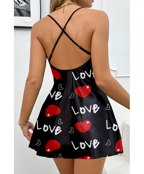 Aşk Temalı Kalp Desenli Siyah Saten Gecelik