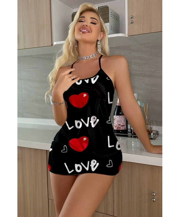 Aşk Temalı Kalp Desenli Siyah Saten Gecelik