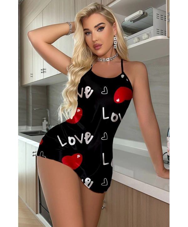 Aşk Temalı Kalp Desenli Siyah Saten Gecelik