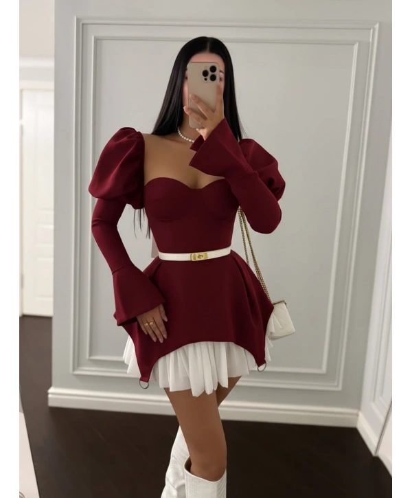 BALON OMUZ DALGIÇ & JESSICA UZUN KOL ELBİSE BORDO