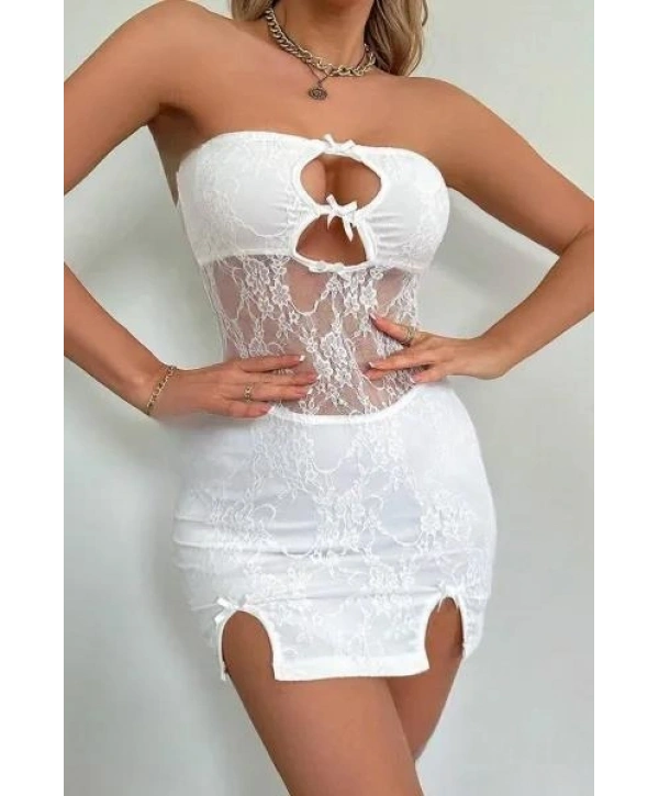 Beyaz Dantel İşlemeli Göğüs Dekolteli Seksi 5081